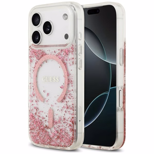 Guess Resin Bottom Glitter MagSafe suojakuori malleille iPhone 18 Pro Max / 17 Pro Max, vaaleanpunainen