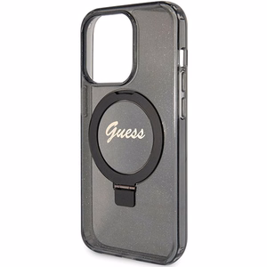 Alkuperäinen GUESS GUHMP15XHRSGSK Suojakuori iPhone 15 Pro Maxille (MagSafe-yhteensopiva / Glitter Script Logo / Ring stand / musta)