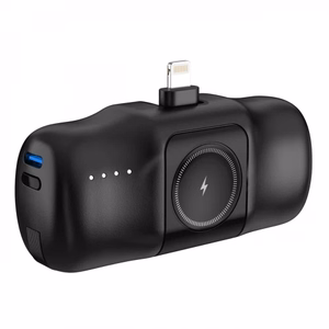 Wozinsky WF16-YLS 5000mAh 15W Lightning Mini Power Bank, jossa on sisäänrakennettu USB-C-kaapeli ja Apple Watch -laturi - musta