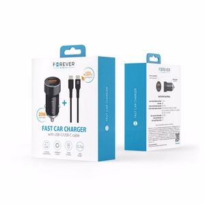 Forever CC-06 PD QC autolaturi 1x USB-C 1x USB 20W musta + USB-C - USB-C -kaapeli 60W