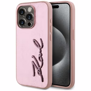 Karl Lagerfeld Wrinkled Metal Signature Suojakuori iPhone 15 Pro:lle - vaaleanpunainen