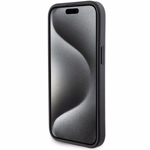 Ferrari Grip Stand Metal Logo Suojakuori iPhone 15:lle - musta