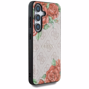 Guess Nahkainen 4G Flowers Print Metal Classic Logo MagSafe Suojakuori Samsung Galaxy S25:lle - vaaleanpunainen