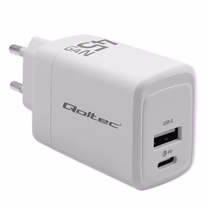 Qoltec 51825 GaN 45W laturi, 5-20V, 1.5-3A, 1 x USB-C PD, 1x USB QC 3.0, valkoinen