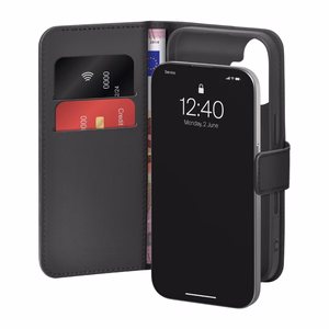 Puro Wallet Stand suojakuori iPhone 17:lle - ekotekonahkainen lompakko- ja jalustakuori, musta