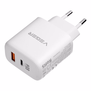 VEGER-puhelimen laturi, USB-A + Type-C, PD, QC3.0, 3,25 A, 65 W + USB-C–USB-C-kaapeli TR67, valkoinen