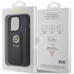 Guess Grip Stand 4G Saffiano Strass Suojakuori iPhone 15 Pro Maxille - musta