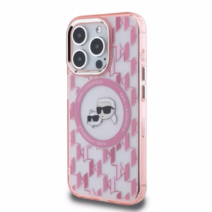 Karl Lagerfeld IML Monogram Karl & Choupette Head MagSafe Suojakuori iPhone 15 Pro:lle - Vaaleanpunainen