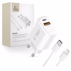 Tech-Protect NCA30 PD 30W QC3.0 USB-A / USB-C Seinälaturi + USB-C / Lightning Kaapeli 100cm - Valkoinen