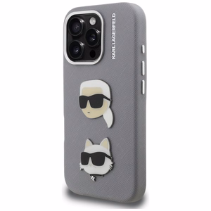 Karl Lagerfeld FW Grained Karl & Choupette Heads Pins Suojakuori iPhone 16 Pro Max - harmaa