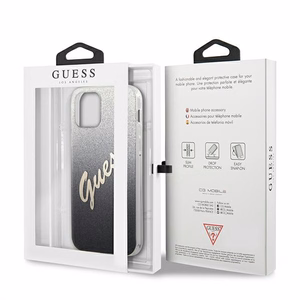 Guess GUHCP12LPCUGLSBK iPhone 12 Pro Max 6.7" musta/musta kovakotelo Glitter Gradientti Script