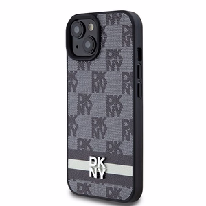 DKNY Nahkainen Checkered Mono Pattern & Printed Stripes Suojakuori iPhone 15/14/13:lle - musta