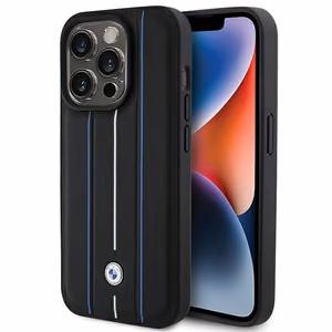 BMW Leather Stamp Blue Line -suojakuori iPhone 15 Pro Maxille, musta