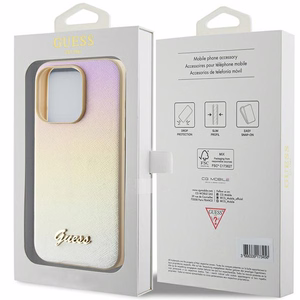 Guess Saffiano Iridescent Script suojakuori iPhone 15 Pro:lle - kultainen