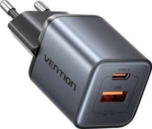 Vention 30W laturi GaN-teknologialla, 1× USB-A, 1× USB-C, musta