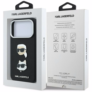 Karl Lagerfeld Saffiano Karl & Choupette Heads Pins & Logo -suojakuori laitteelle iPhone 18 Pro / 17 Pro – musta