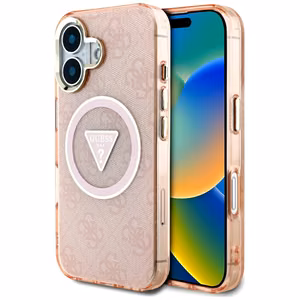 Guess IML Metal Glitter 4G Circle Triangle MagSafe Suojakuori iPhone 16:lle - Vaaleanpunainen