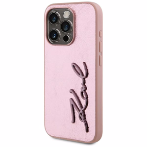 Karl Lagerfeld Wrinkled Metal Signature Suojakuori iPhone 15 Pro:lle - vaaleanpunainen