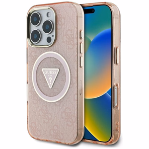 Guess IML Metal Glitter 4G Circle Triangle MagSafe Suojakuori iPhone 16 Pro Max:lle - Vaaleanpunainen