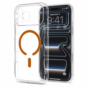 Spigen Ultra Hybrid MagSafe -suojakuori iPhone 18 Pro / 17 Pro -malleille, läpinäkyvä oranssi