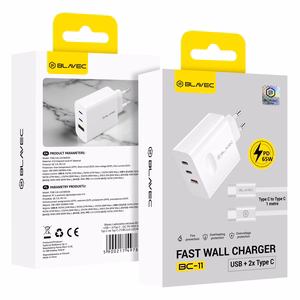 Blavec seinälaturi BC-11 GaN - USB + 2xType C - QC PD 65W 3A ja Type C - Type C -kaapeli (TCBC11G-U2CW653A) valkoinen