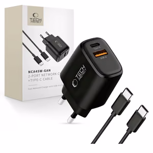 Tech-Protect NCA45W-GAN 2-Port 45W Seinälaturi USB-C-kaapelilla - Musta
