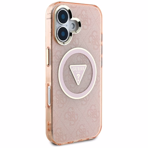 Guess IML Metal Glitter 4G Circle Triangle MagSafe Suojakuori iPhone 16:lle - Vaaleanpunainen
