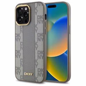 DKNY Nahkainen Checkered Mono Pattern MagSafe iPhone 14 Pro Max:lle Suojakuori - Beige