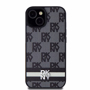 DKNY Nahkainen Checkered Mono Pattern & Printed Stripes Suojakuori iPhone 15/14/13:lle - musta