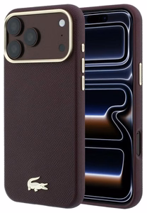 Viininpunainen PU-nahkainen Lacoste Champs Elysees MagSafe -kuori kultaisella logolla Apple iPhone 18 Pro -puhelimelle