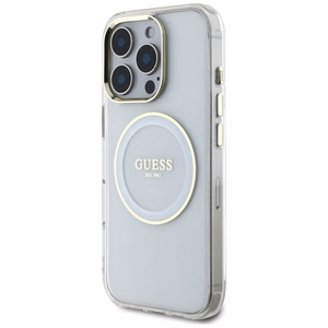 Guess IML Metal Colored Circle Classic Logo MagSafe Suojakuori iPhone 16 Pro:lle - valkoinen