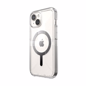 Speck GemShell Grip MagSafe -suojakuori iPhone 17e / 16e / 15 / 14 / 13 -laitteelle, läpinäkyvä krominvärisillä yksityiskohdilla