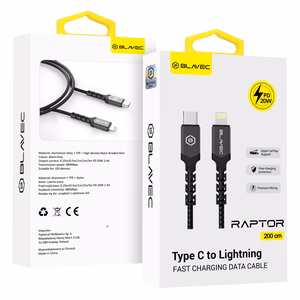 Blavec Raptor punottu kaapeli - Type-C - Lightning - PD 20W 2,4A 2 m Apple CarPlay (CRA-CL24BG20) musta ja harmaa