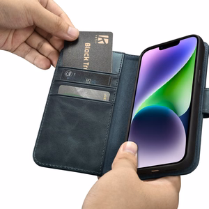 iCarer Oil Wax Wallet Case 2in1 Cover iPhone 14 Plus Anti-RFID Leather Flip Case Blue (WMI14220723-BU)