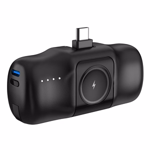 Wozinsky WF16-YCS 5000mAh 15W USB-C Mini Power Bank, jossa on sisäänrakennettu USB-C-kaapeli ja Apple Watch -laturi - musta