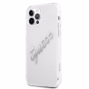 Guess GUHCP12LKTRSVSI iPhone 12 Pro Max 6.7" läpinäkyvä kovakotelo Vintage Script Hopea