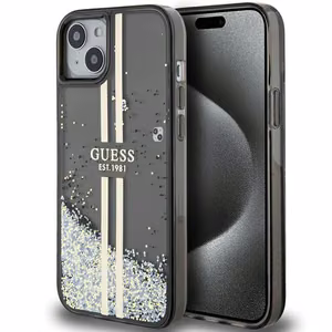 Guess Liquid Glitter Gold Stripes suojakuori iPhone 15 Plus / 14 Plus:lle - musta
