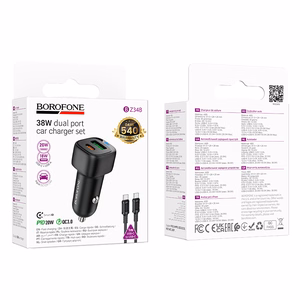 Borofone Autolaturi BZ34B Cloud - USB + Type C - QC 3.0 PD 38W Type C - Type C -kaapelilla Musta