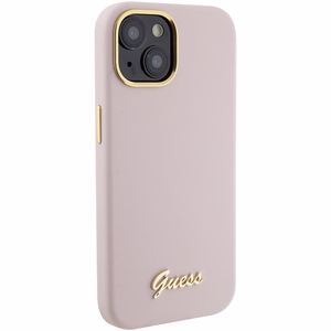 Guess Silicone Script Metal Logo & Frame suojakuori iPhone 15:lle - vaaleanpunainen