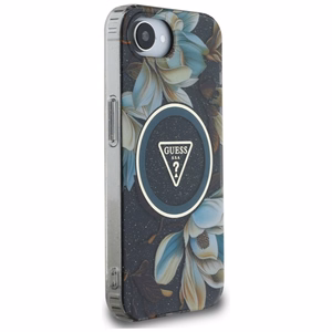 GUESS IML Metal Glitter Flowers Triangle MagSafe Alkuperäinen Suojakuori iPhone 17e/16e:lle - Musta