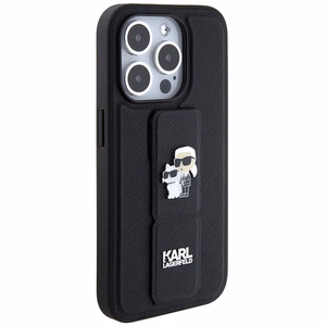 Karl Lagerfeld Gripstand Saffiano Karl&Choupette Pins -suojakuori iPhone 13 Pro / 13:lle - musta