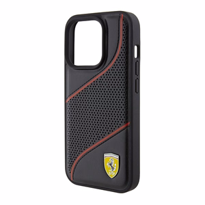 Ferrari Perforated Waves Metal Logo -suojakuori iPhone 15 Prolle - musta