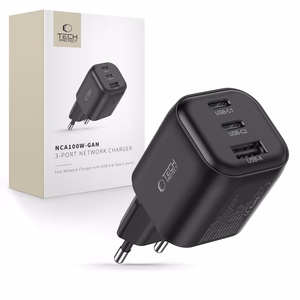 Tech-Protect NCA100W-GaN 3-liitäntäinen 100 W PD 3.2/QC 3.0 -verkkolaite – musta