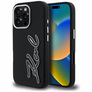 Karl Lagerfeld FW Grained Signature Logo Suojakuori iPhone 16 Pro - musta