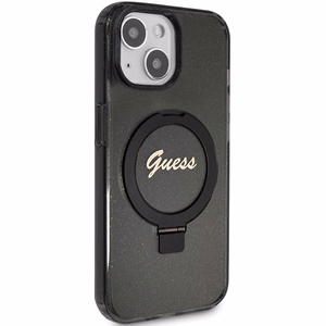 Guess Ring Stand Script Glitter MagSafe -suojakuori iPhone 14 / 15 / 13:lle - musta