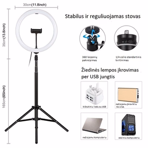 LED-rengaslamppu 30 cm jalustan kiinnikkeellä enintään 1,65 m, puhelimen pidike, USB