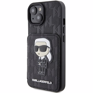 Karl Lagerfeld Saffiano Cardslots and Stand Monogram Ikonik Patch suojakuori iPhone 15:lle - musta