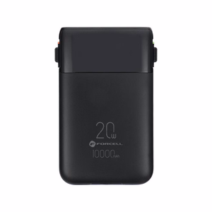 FORCELL F-ENERGY F10K6 Multicharge -varavirtalähde sisäänrakennetuilla USB-C- ja Lightning-kaapeleilla, PD, QC3.0, 3 A, 22,5 W, 10000 mAh, musta