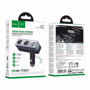 Autolaturi Hoco 1xUSB-A + 1xUSB-C + 2x tupakansytytin PD QC3.0 max 240W/24V Z65B, musta