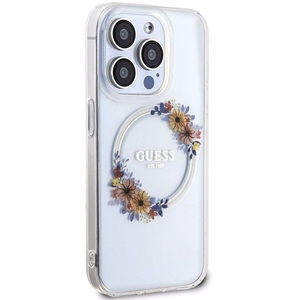 Guess Flowers Wreath MagSafe Suojakuori iPhone 15 Pro:lle - läpinäkyvä